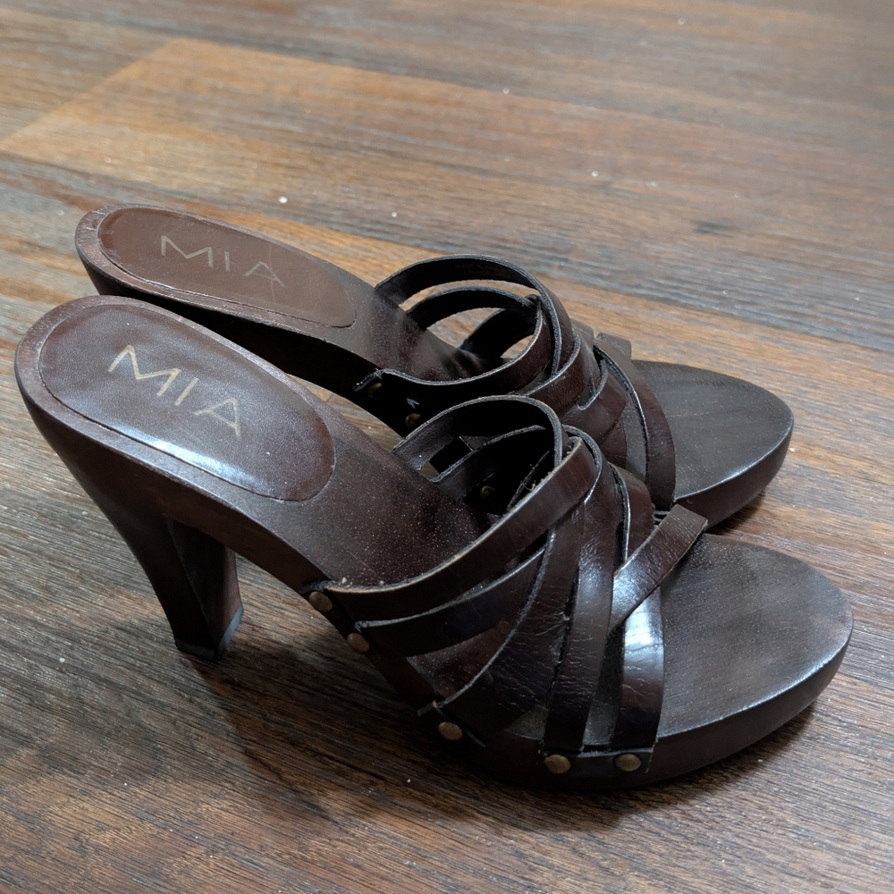 Vintage Mia Wooden Leather Dark Chocolate Brown Clog Heel 7 - Picture 8 of 8